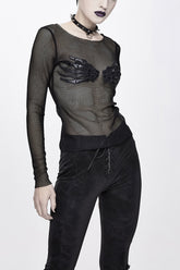 Chemise en maille punk pour femme à manches longues avec col rond noir, crâne sur la poitrine et paume